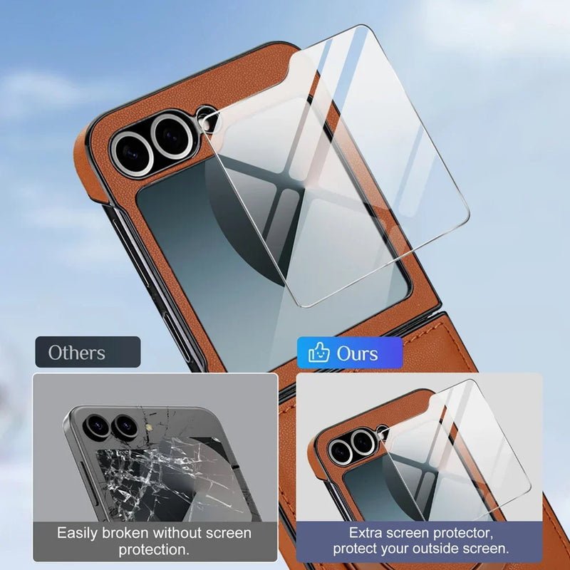 Z Flip 7 Leather Ring Case with Kickstand, Magnetic MagSafe, Tempered Glass Protector, Wireless Charging Compatible