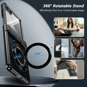 360° Rotating Ring Holder Magnetic Hinge Protection Case for Samsung Galaxy Z Flip 7 with Tempered Glass Film Cover